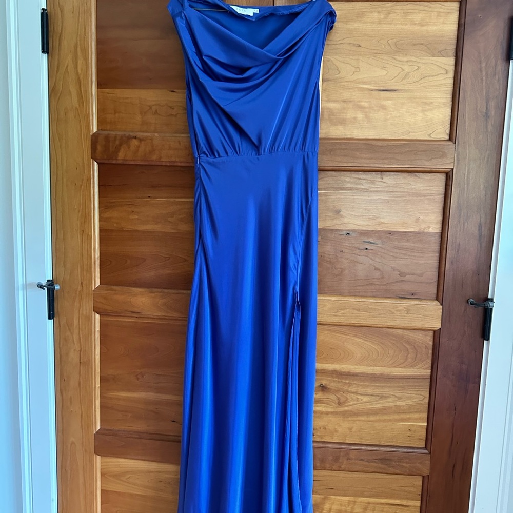 Astr X Revolve Monroe Dress. Asymmetrical Off the Shoulder Gown Blue - Picture 2 of 4